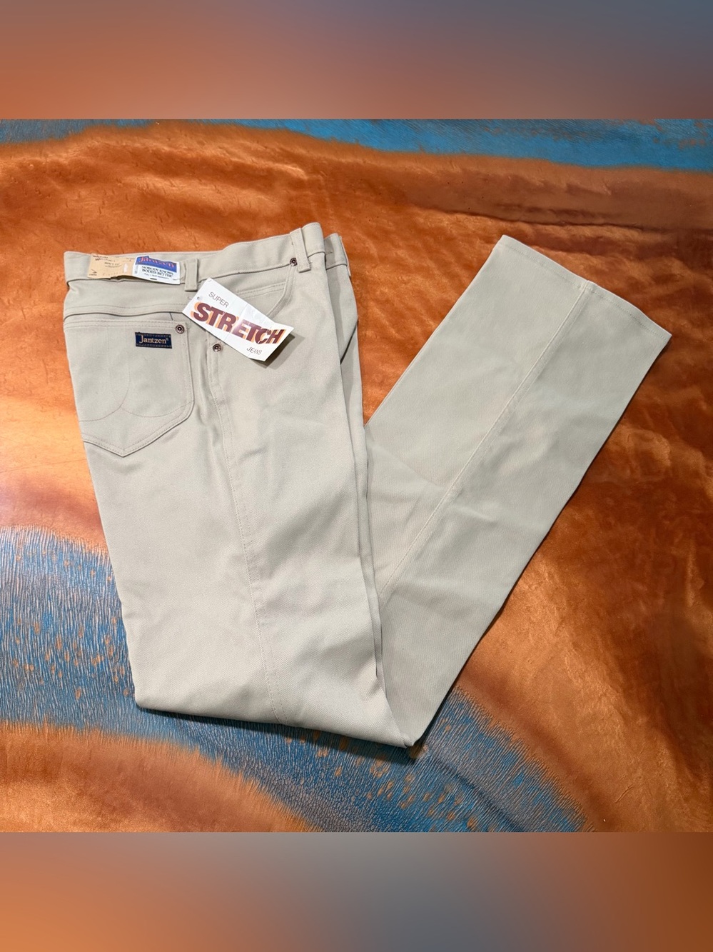 VTG Jantzen Super Stretch Jeans Beige Tan Straight Leg Deadstock NWT Size 28 USA